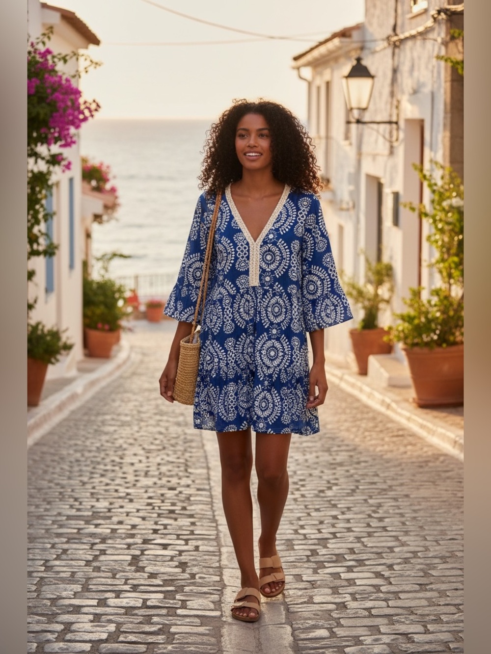 SAIPH Tiered Embroidered Dress L Blue